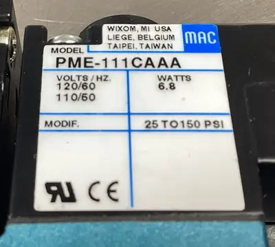 MAC VALVES INC 911B-PM-111CA Solenoid Valve 110/120V 6.8W 6B-3