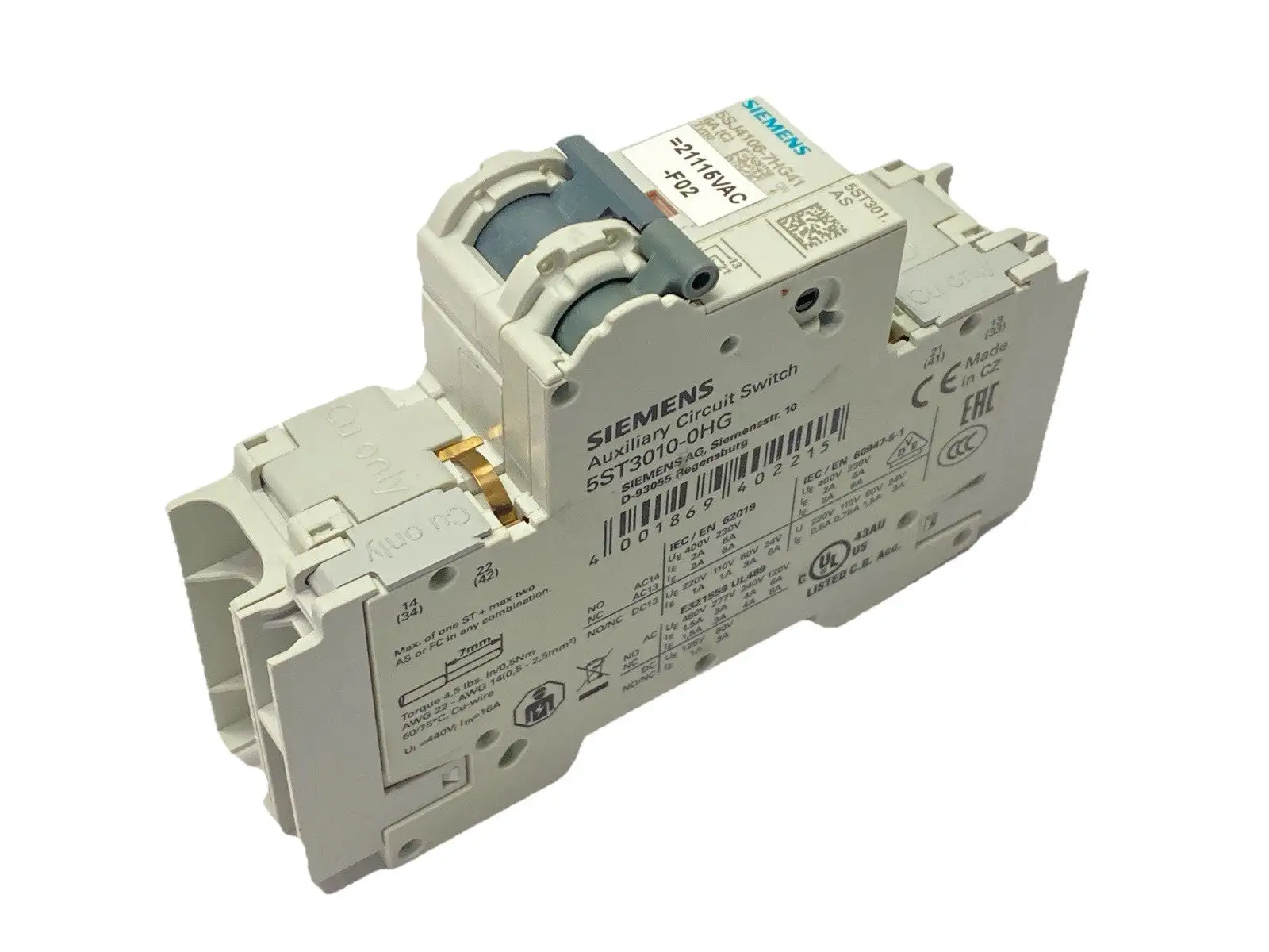 5SJ4106-7HG41 | Siemens  Miniature Circuit Breaker 1-Pole 6A 240V w/ 5ST3010-0HG - Used