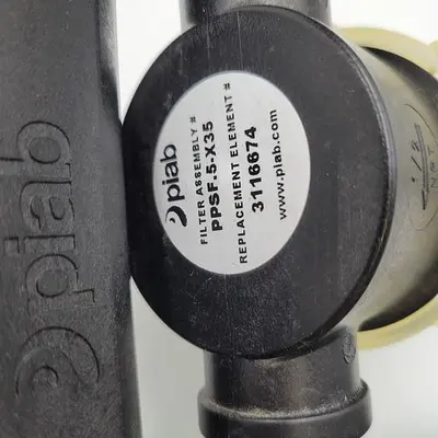 USED PIAB PIAB VACUUM PUMP WITH SILENCER PCL.P2BN.S.08E.SV AND VACUUM FILTER 1/2" NPT PPSF.5-X35 AND GAUGE