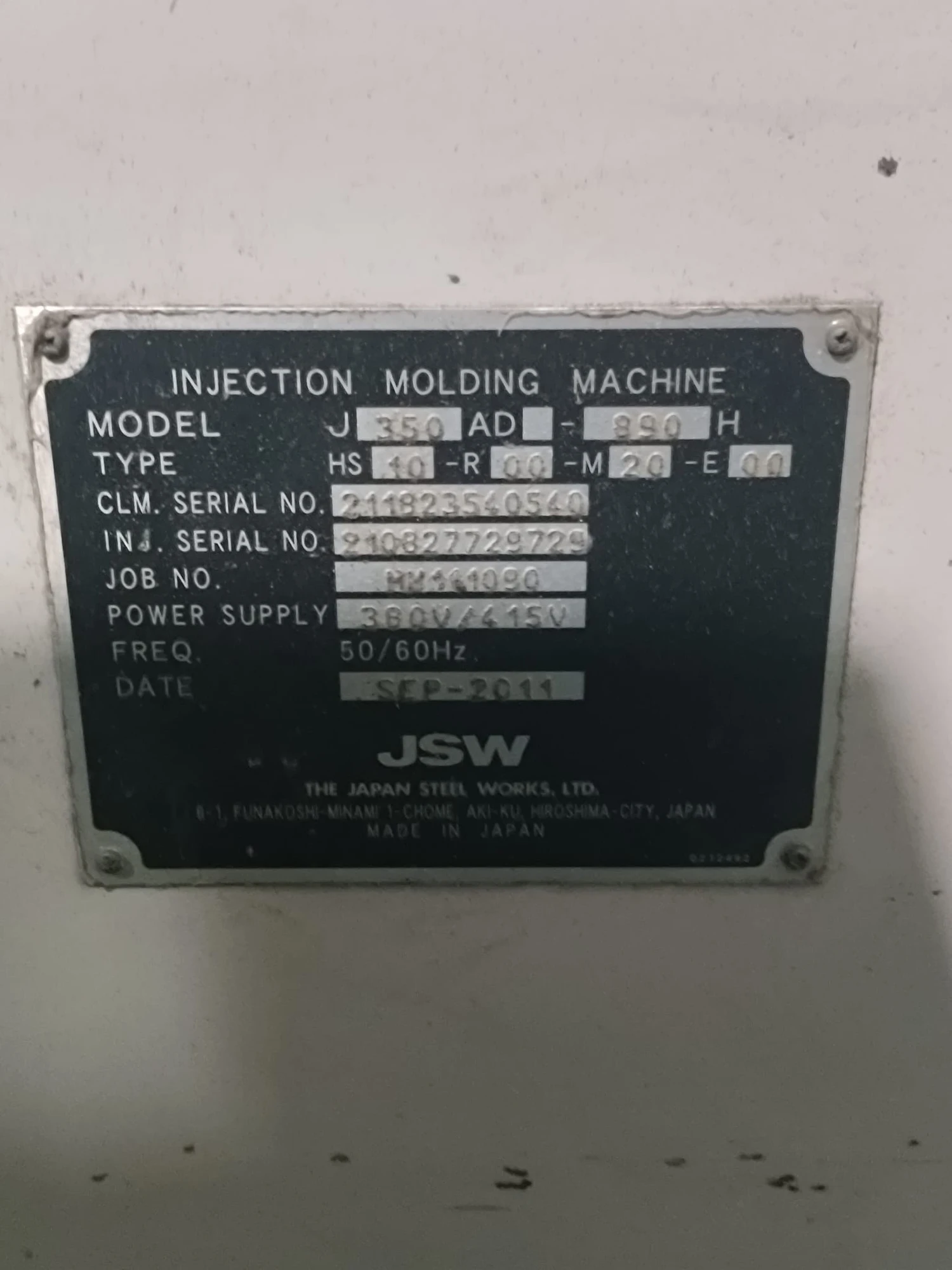 Used 2011 JSW JSW J350AD-890H Injection Molding Machines Florida US | ESCOBAR TRADING, INC. #1340124