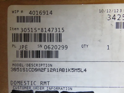 Rosemount 3051S1CD0A2F12A1AB1K5M5L4 , Cal. 0-3" H2O Unused