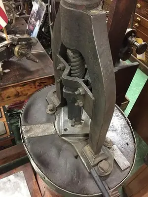 2644-385 Antique Rare Hand Operated Screw/Fly Press with Round Wood Base Circa 1880