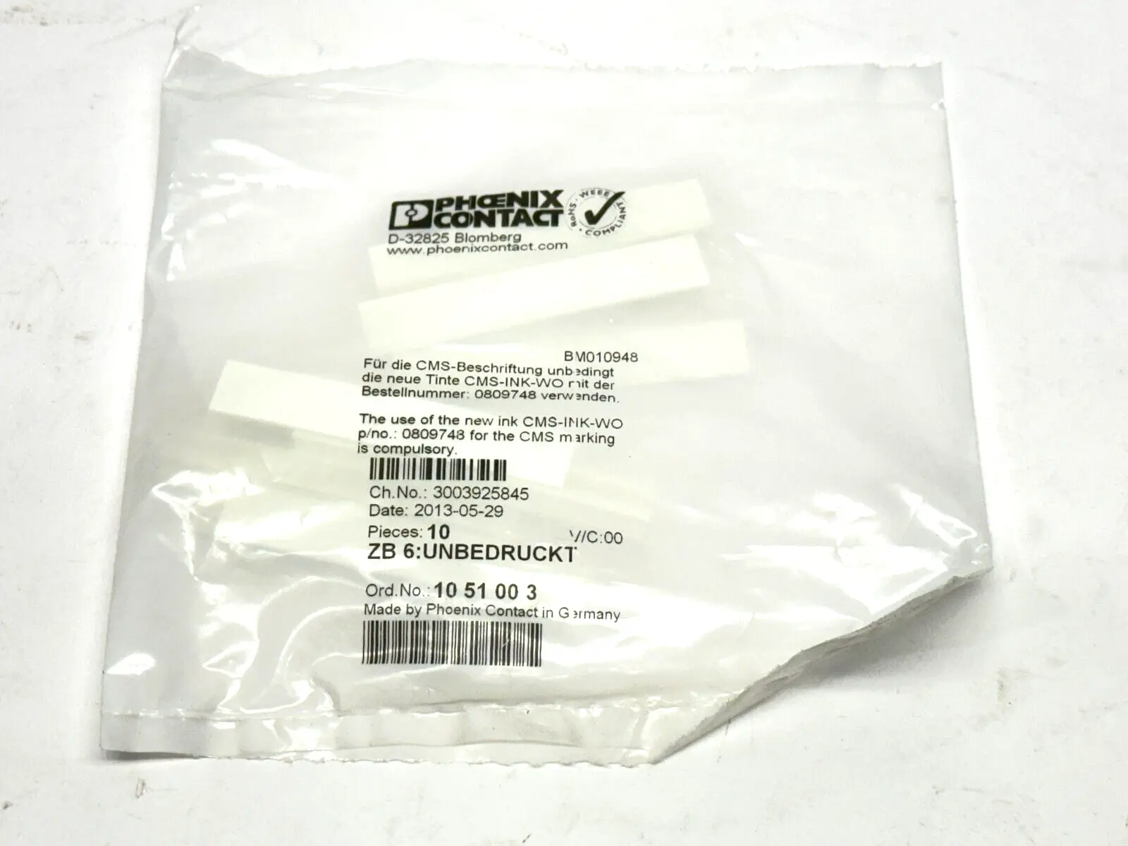 ZB 6:UNBEDRUCKT,1051003 | Phoenix Contact ZB 6:UNBEDRUCKT Zack Marker Strip 1051003 PKG OF 10 - New Other
