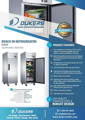 New | in-Stock Dukers New Dukers D28AR Commercial Single Solid Door Top Mount Reach-in Refrigerator in Stainless Steel Refrigerators Illinois US | Falcon Restaurant Supply #1376365