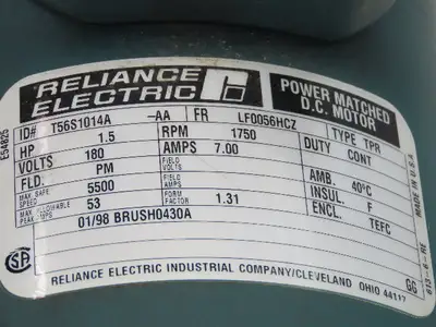 Reliance Electric T56S1014A DC Motor 180V 1.5Hp 7A 1750 RPM 56HC 7/8" Shaft