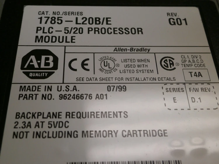 Used Allen-Bradley 1785-L20B/E REV G01 SER. E FIRM D.1 PLC Processors Arizona US | ASSET CONVERSION SPECIALISTS, INC. #310854