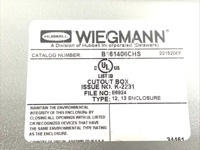Used Wiegmann Hinged Enclosure Gray 16" x 14" x 6" Electrical Boxes Michigan US | Maverick Industrial Sales #1401589