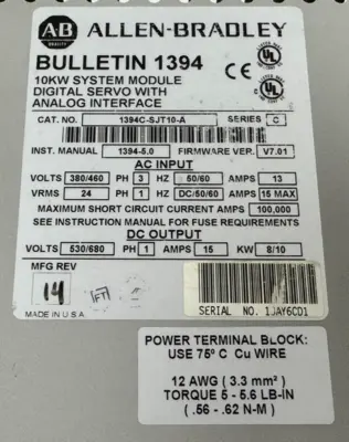 USED ALLEN BRADLEY 1394C-SJT10-A SERVO CONTROLLER SER. C 1394CSJT10A
