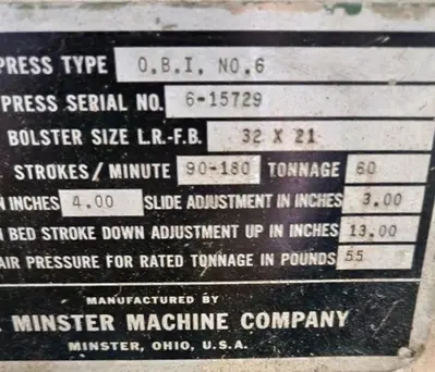 Used MINSTER 6 O.B.I. Presses Kentucky US | Aucto #578104