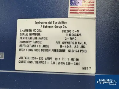 USED Environmental Specialties 33.8 Cu Ft Environmental Specialties Environmental Chamber, Model ES2000 CS