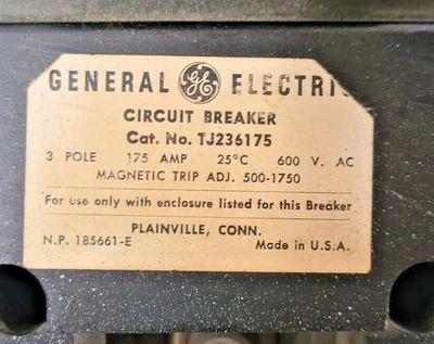 GE TJ236175 Circuit Breaker, 3-Pole, 175A, 600V