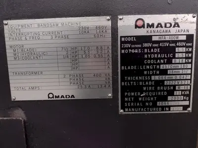 16" X 16" AMADA MODEL #HFA-400W AUTOMATIC HORIZONTAL BANDSAW: STOCK #15398