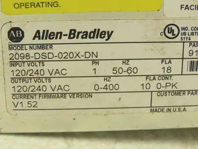 Allen Bradley 2098-DSD-020X-DN Ultra 3000i Servo Drive 120/240V 1PH 18A 0-400Hz
