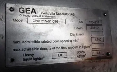 Westfalia CNB 215-01-076 bacteria separator, 316SS.
