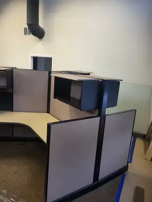 Herman Miller 3-Unit Cubicle Workstation - 120° Layout, Acoustic Panels, Roll-Top Desk Wall Unit
