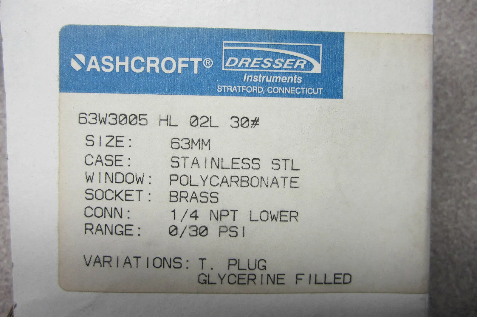 NEW ASHCROFT 63W3005-HL-02L-30 PRESSURE GAUGE 63W3005HL02L30