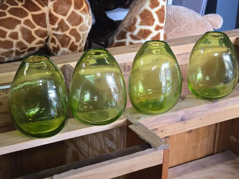 Lot of (4) Handblown Art Glass Table Vases by Holmegaard 6" x 7" (green) (rounded triangle)