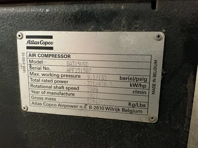 Used Atlas Copco GA315VSD Rotary Screw & Sliding Vane Air Compressors Ohio US | Equipment Recovery Corp. #1331412