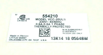 NEW LITTLE GIANT VCC-20ULS CONDENSATION PUMP VCC20ULS