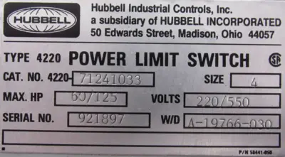 NEW HUBBELL 4220-71241033 POWER LIMIT SWITCH SIZE 4 60/125HP 220/550V
