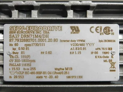 SEW SA37 DRN71MK4/DH Gear Motor 1730 RPM 0.50 S1 HP 230/460V YY/Y 1:15.53 Used