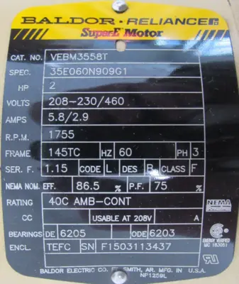 NEW BALDOR VEBM3558T BRAKE MOTOR 2HP 208-230/460V 1755RPM 145TC 7/8" DIA