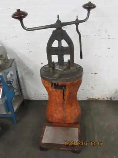 2644-385 Antique Rare Hand Operated Screw/Fly Press with Round Wood Base Circa 1880