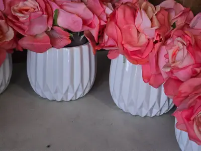 Lot of (5) Silk Faux Rose Boquet Arrangement in White Ceramic Vase (pink)