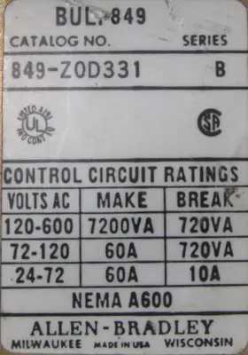 ALLEN BRADLEY 849-Z0D331 PNEUMATIC TIMER SER.B 120V 849Z0D331 (NEW SURPLUS)