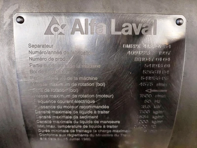Alfa-Laval DMRPX 413 SGV-34 clarifier centrifuge, 316SS.
