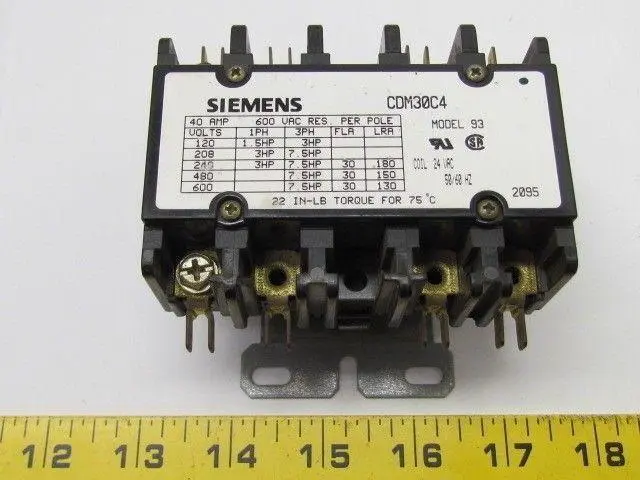 Siemens CDM30C4 Model 93 24vac Coil Contactor 4-Pole Furnace
