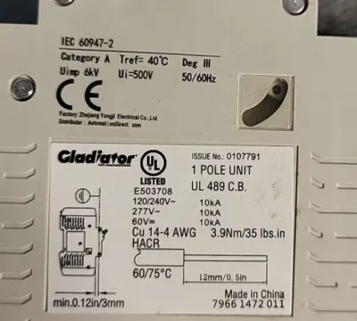 Gladiator IEC60947-2 GMCBU-240 VAC / 60 VDC, 1-pole (BIN 3.5.2)