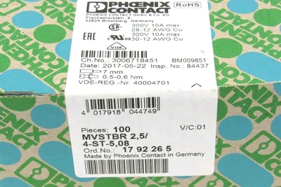 LOT OF 100 NEW PHOENIX CONTACT MVSTBR 2,5/4-ST-5,08 CONNECTOR 17 92 26 5
