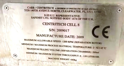 (3) Carr Centritech Cell 8 separation systems, 316L SS.