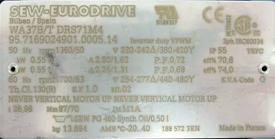NEW SEW EURODRIVE WA37B/T-DRS71M4 GEAR MOTOR WA37BTDRS71M4 26.96:1 85239423