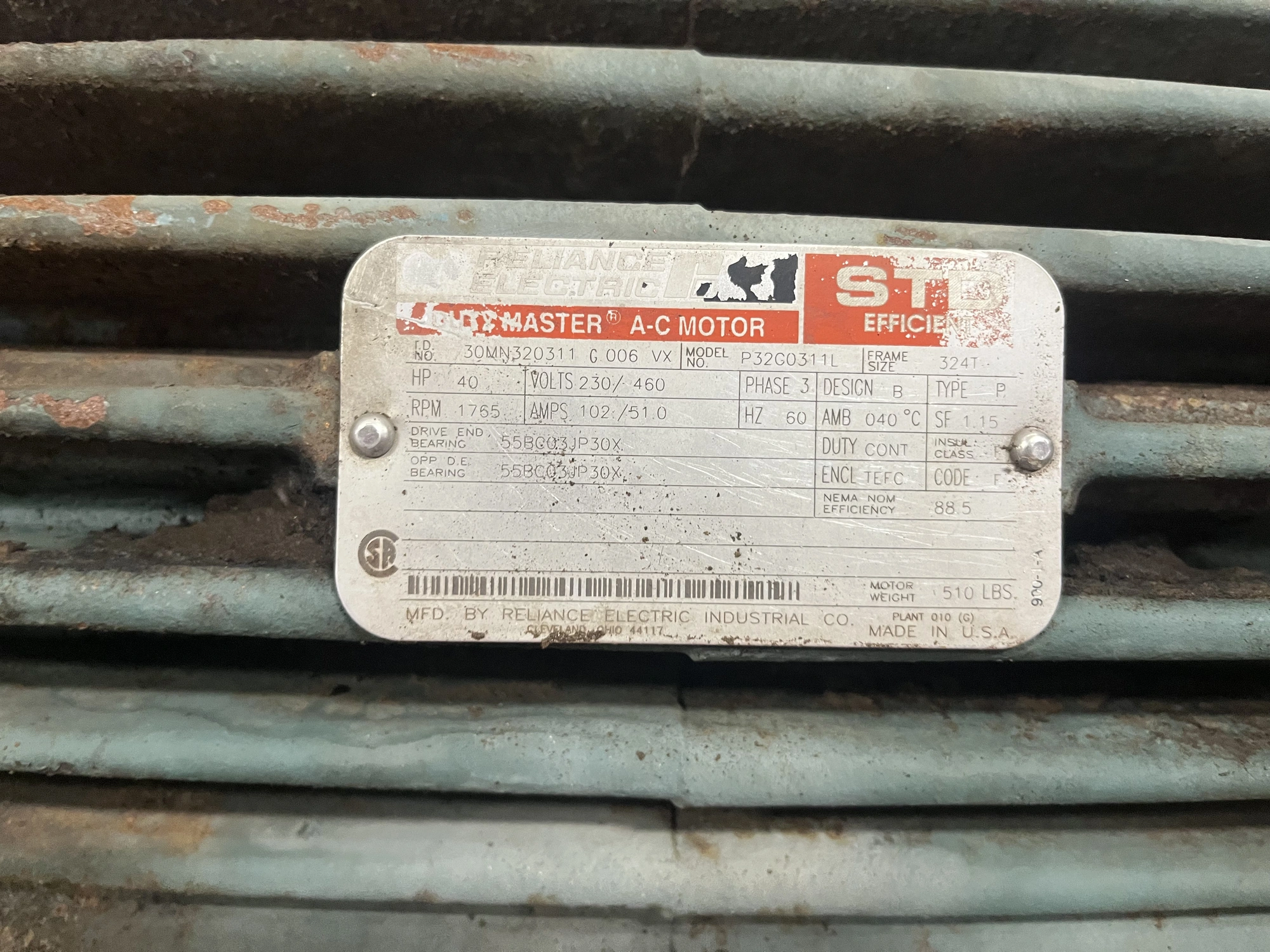 Reliance Electric P32G0311L 1765 RPM 40HP 460V Motor
