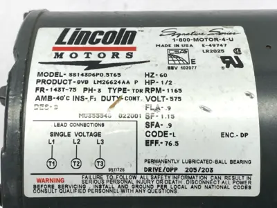 USED LINCOLN MOTORS ELECTRIC MOTOR 3-PHASE 1/2HP 1165RPM 575VAC .95A