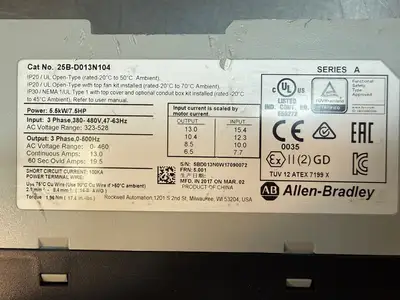 Allen Bradley PowerFlex 525 25B-D013N104 5.5kw 7.5 HP 380-480 3ph (3.4.2)