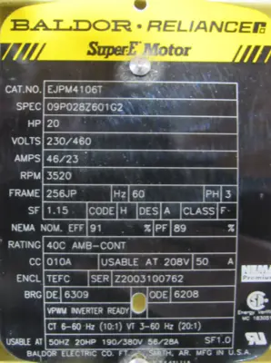 NEW BALDOR EJPM4106T MOTOR 20HP 230/460V 256JP 3520 RPM
