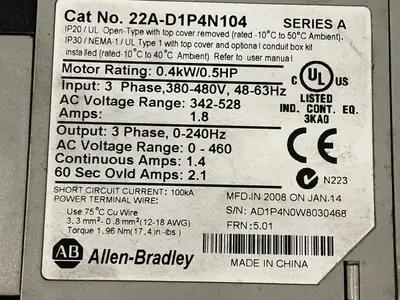 Used 2008 ALLENBRADLEY 22AD1P4N104 Variable Speed Drives Ohio US | HGR 24 #1326065