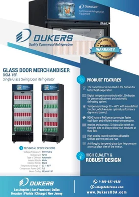 New | in-Stock Dukers New Dukers DSM-15R Commercial Single Glass Swing Door Merchandising Reach-in Cooler Refrigerator Display Refrigerators Illinois US | Falcon Restaurant Supply #1376405