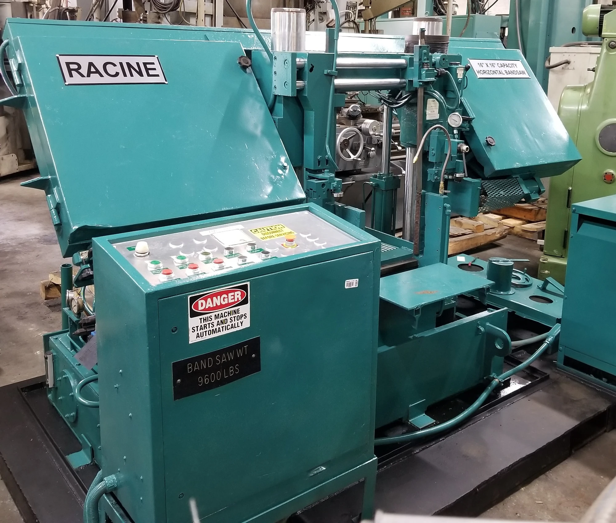 USED RACINE 16" x 16" HEAVY DUTY DOUBLE POST HORIZONTAL BAND SAW