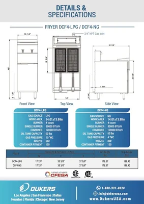 New | in-Stock Dukers New Dukers DCF4-LPG Liquid Propane Floor Gas Fryer with 4 Tube Burners 50lbs 120,000 BTU on Casters Cookers / Coolers / Fryers Illinois US | Falcon Restaurant Supply #1376317