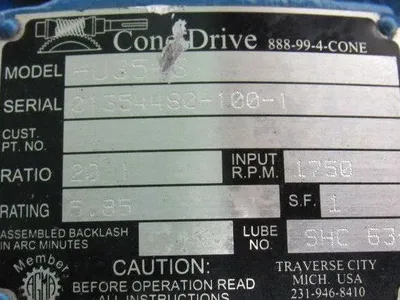 Cone Drive HU35-3 20:1 Ratio 5.85Hp 1750RPM Input 1-7/8" Dual Output Gearbox