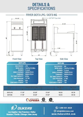New | in-Stock Dukers New Dukers DCF3-LPG Liquid Propane Gas Floor Fryer with 3 Tube Burners 40lbs 90,000 BTU on Casters Cookers / Coolers / Fryers Illinois US | Falcon Restaurant Supply #1376327