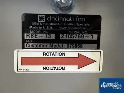 USED Cincinnati Fan 3 HP Cincinnati Fan Blower, Model RBE-13, C/S