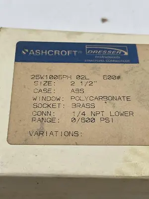 New | in-Stock ASHCROFT ASHCROFT 25W1005PH 02L Misc Electrical & Power Parts | ND Industrial Surplus #1214990