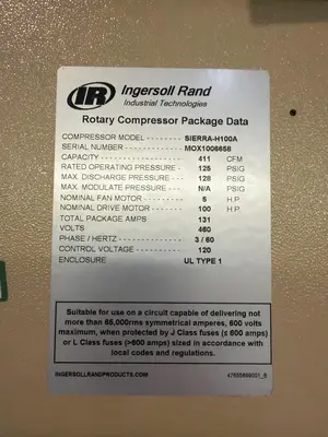 New | in-Stock INGERSOLL RAND SIERRA-H100A Rotary Screw & Sliding Vane Air Compressors Illinois US | M&M Equipment Corp. #1389070