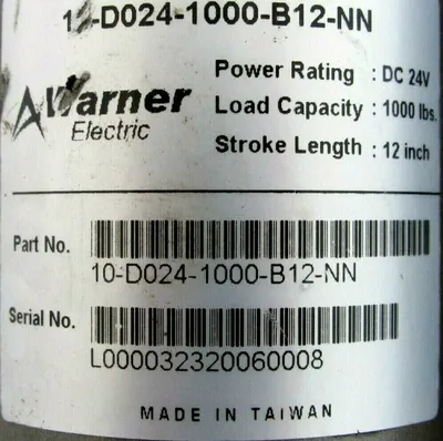NEW WARNER ELECTRIC 10-D024-1000-B12-NN ACTUATOR 24VDC 12" 1000LB