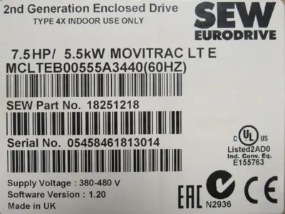 NEW SEW EURODRIVE 18251218 DRIVE 7.5HP MCLTEB00555A3440